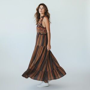 Ranna Gill Agave Embroidered Beaded Striped Bohemian Hippie Boho Maxi Dress